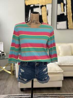 Vintage Koret Francisca Multi-Color Retro Striped 3/4 Sleeve Top